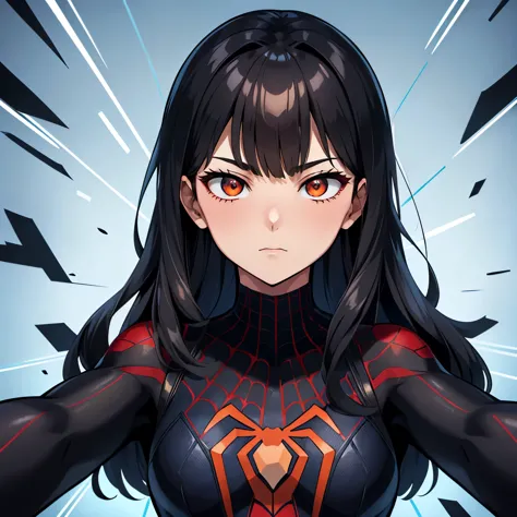 create a spider-man persona that’s a girl who looks 19 she has tan skin and long black hair with bangs. her eyes are brown, and ...