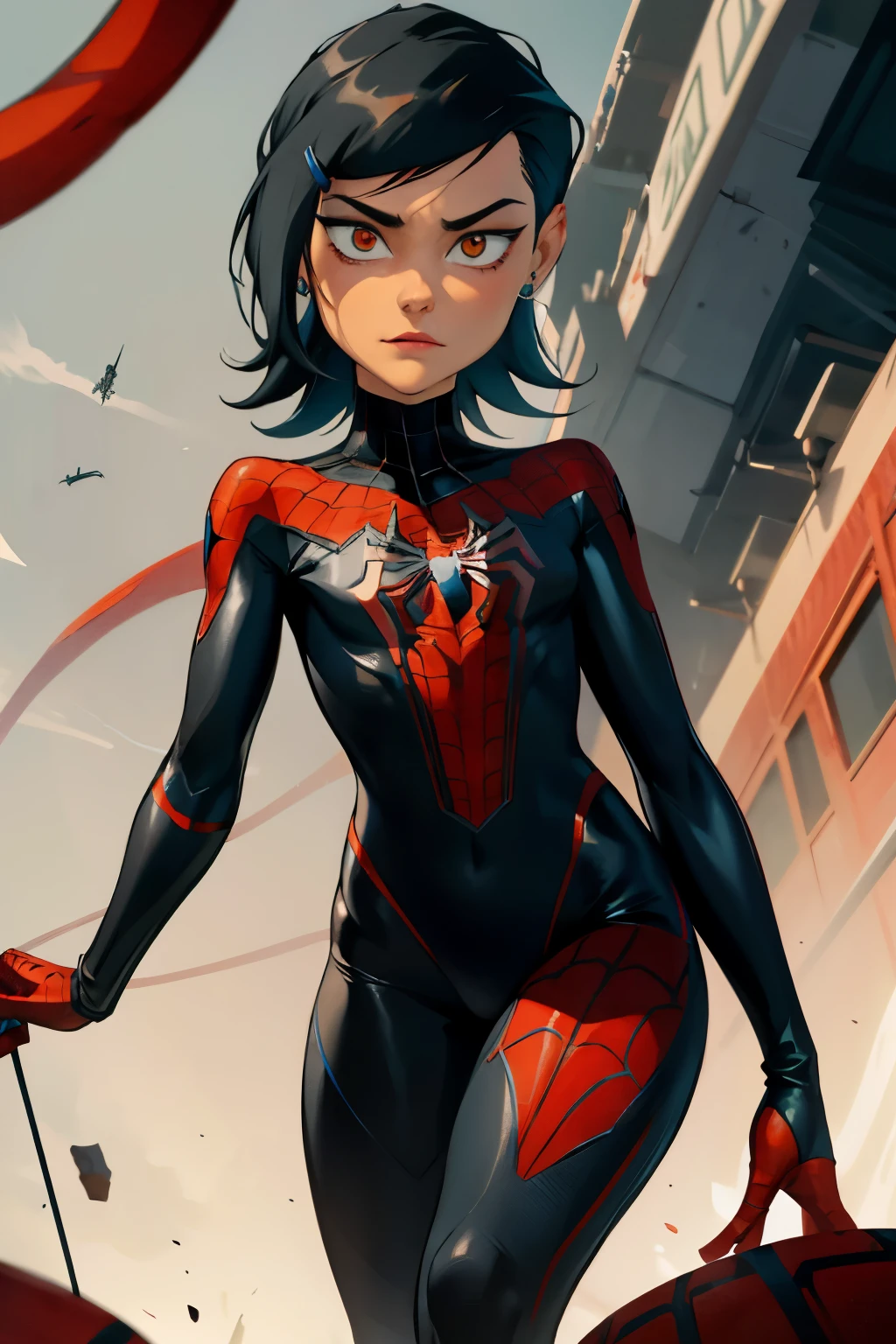 Create a Spider-Man persona that’s a Girl who looks 19 she has tan skin and long black hair with bangs. Her eyes are brown, and her face looks Korean. Her spidersuit is black with red and white accents. She’s from the Spider-Man into the spiderverse universe. 