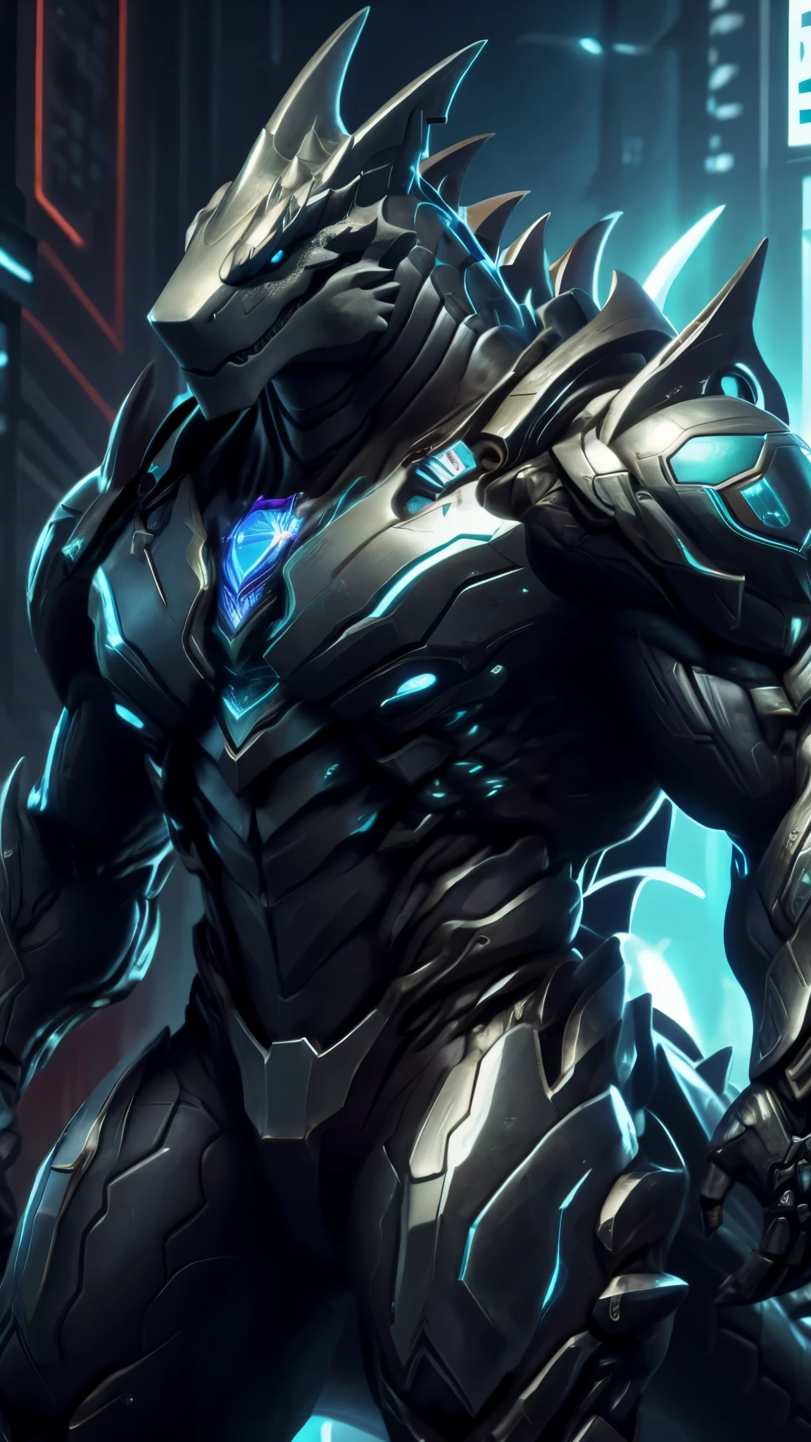 there is a shark with a large body and a large chest, muscular and terrifying, muscular!! sci-fi, sci - fi armour! muscular, cyborg shark portrait, guyver style, guyver dark hero, full body, wearing a black full bodysuit, close-up shot, as a badass monster hunter, muscular proporcional arms, jormungandr, godzilla portrait, lizardman art, full body, raptor like legs