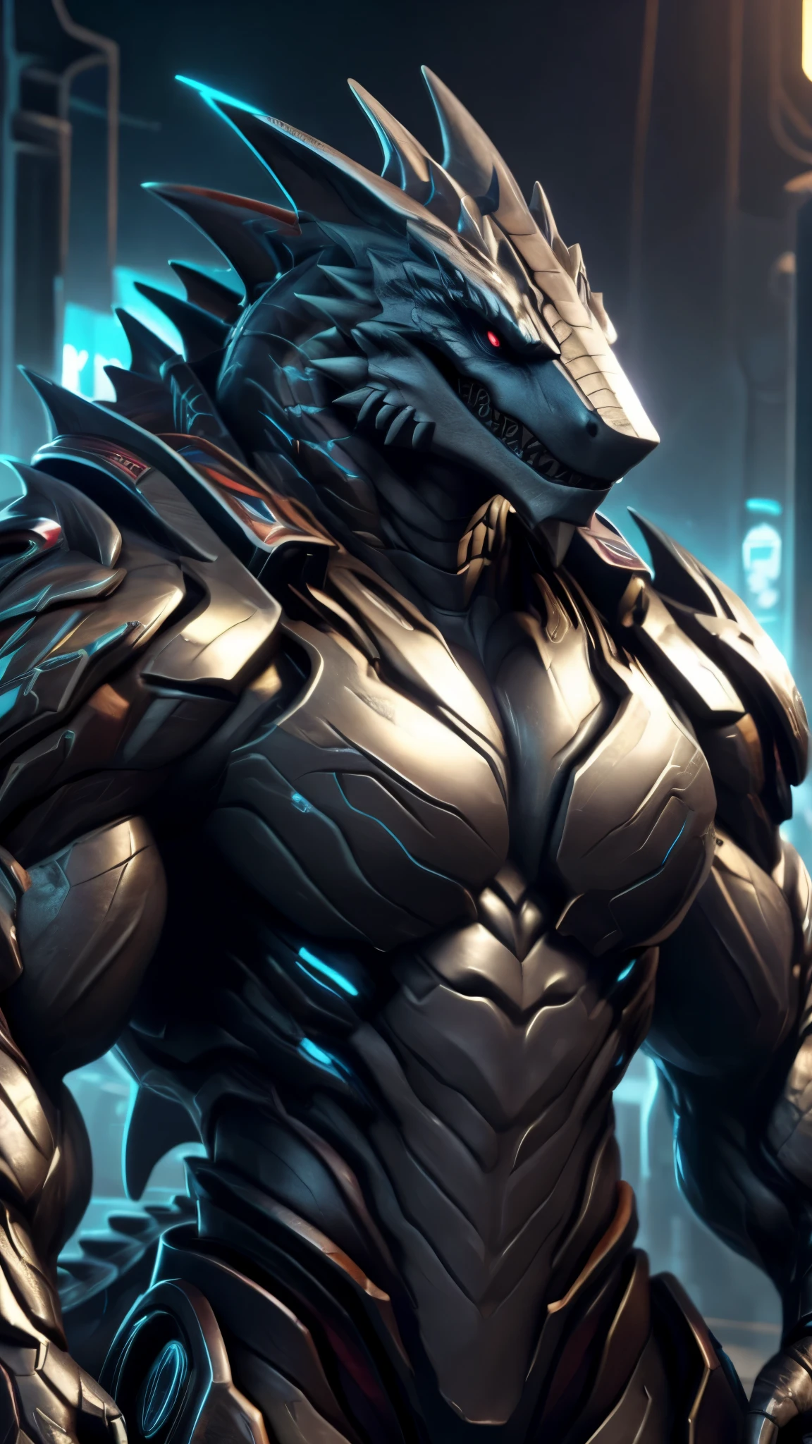 there is a shark with a large body and a large chest, muscular and terrifying, muscular!! sci-fi, sci - fi armour! muscular, cyborg shark portrait, guyver style, guyver dark hero, full body, wearing a black full bodysuit, close-up shot, as a badass monster hunter, muscular proporcional arms, jormungandr, godzilla portrait, lizardman art, full body, raptor like legs