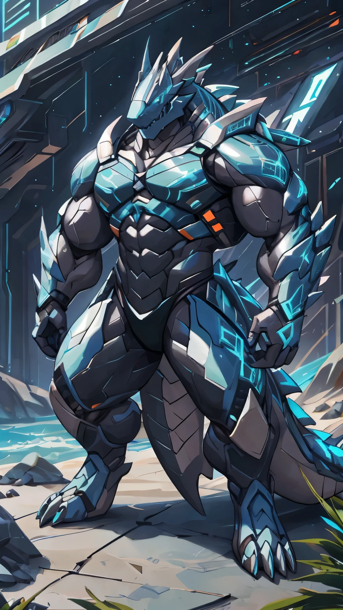 there is a shark with a large body and a large chest, muscular and terrifying, muscular!! sci-fi, sci - fi armour! muscular, cyborg shark portrait, guyver style, guyver dark hero, full body, wearing a black full bodysuit, close-up shot, as a badass monster hunter, muscular proporcional arms, jormungandr, godzilla portrait, lizardman art, full body, raptor like legs