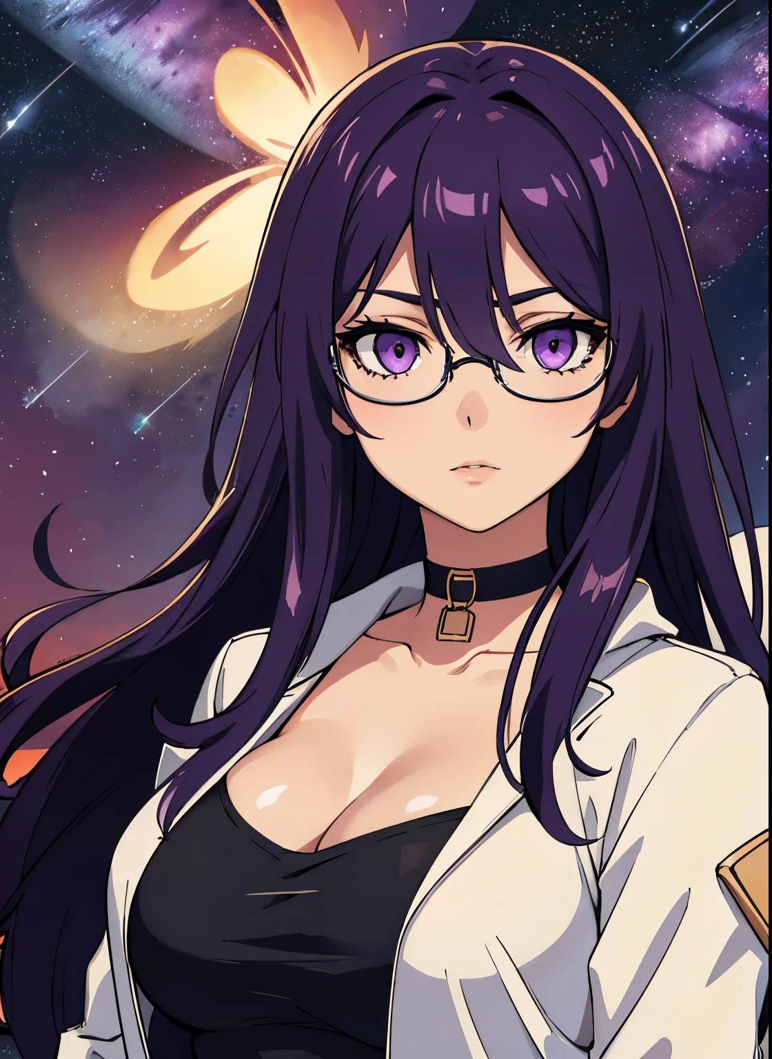 4k, fine detail, masterpiece, high quality eyes, high detail painting, soft shadows, best character art , 1girl, aurora, bangs, black choker, breasts, choker, eyewear on head, galaxy, gloves, hair between eyes, jacket, jewelry, large breasts, light particles, long hair, long sleeves, looking at viewer, milky way, night, night sky, pink eyes, purple eyes, purple hair, shooting star, sidelocks, sky, solo, space, star \(sky\), starry background, starry sky, sunglasses, upper body