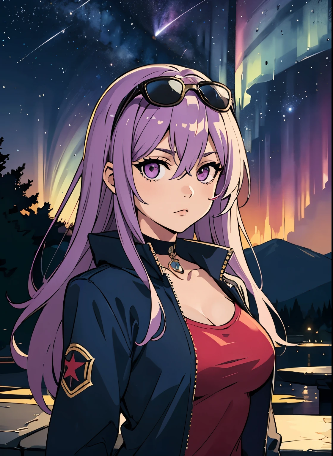 4k, fine detail, masterpiece, high quality eyes, high detail painting, soft shadows, best character art , 1girl, aurora, bangs, black choker, breasts, choker, eyewear on head, galaxy, gloves, hair between eyes, jacket, jewelry, large breasts, light particles, long hair, long sleeves, looking at viewer, milky way, night, night sky, pink eyes, purple eyes, purple hair, shooting star, sidelocks, sky, solo, space, star \(sky\), starry background, starry sky, sunglasses, upper body