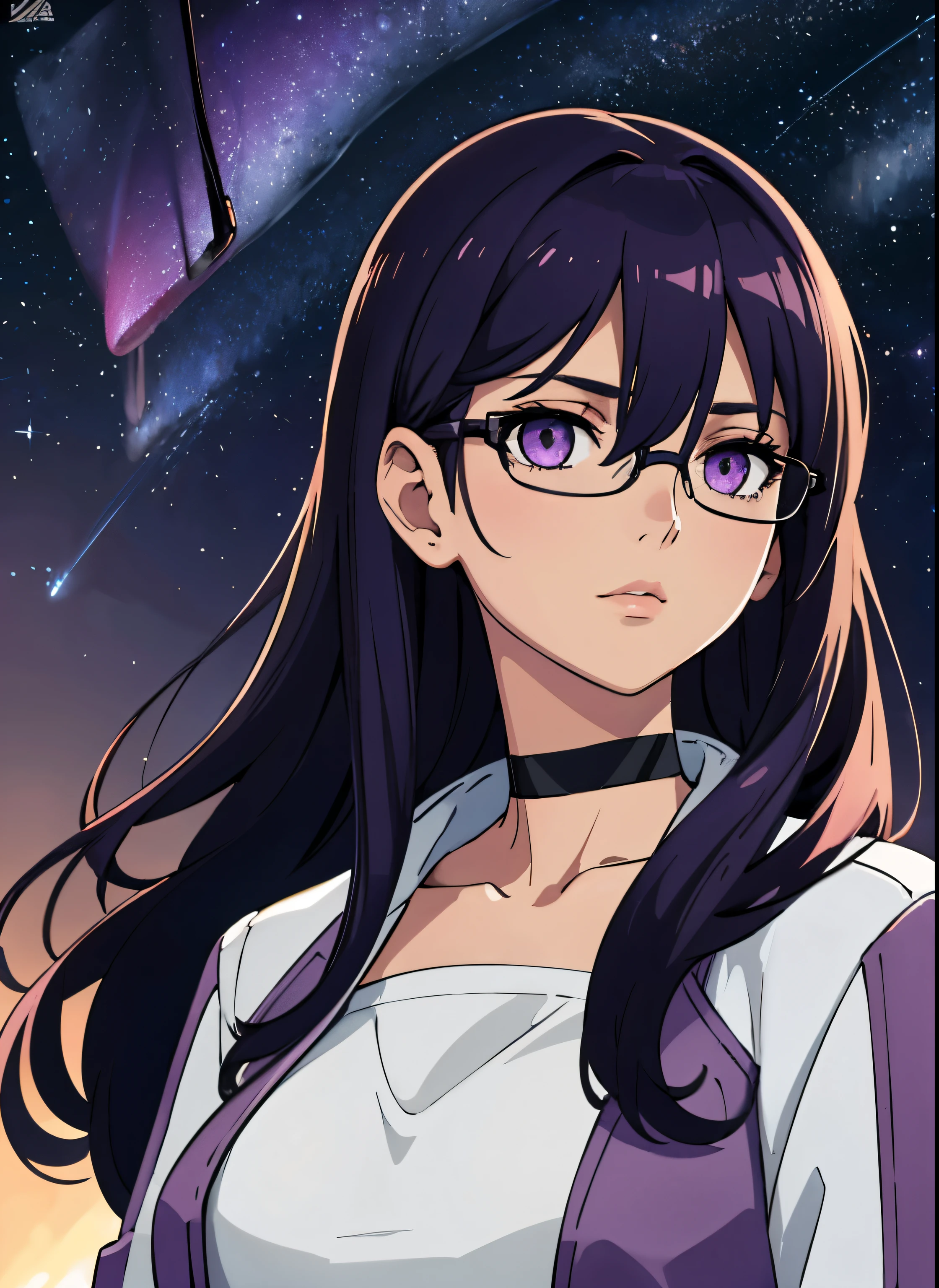 4k, fine detail, masterpiece, high quality eyes, high detail painting, soft shadows, best character art , 1girl, aurora, bangs, black choker, breasts, choker, eyewear on head, galaxy, gloves, hair between eyes, jacket, jewelry, large breasts, light particles, long hair, long sleeves, looking at viewer, milky way, night, night sky, pink eyes, purple eyes, purple hair, shooting star, sidelocks, sky, solo, space, star \(sky\), starry background, starry sky, sunglasses, upper body