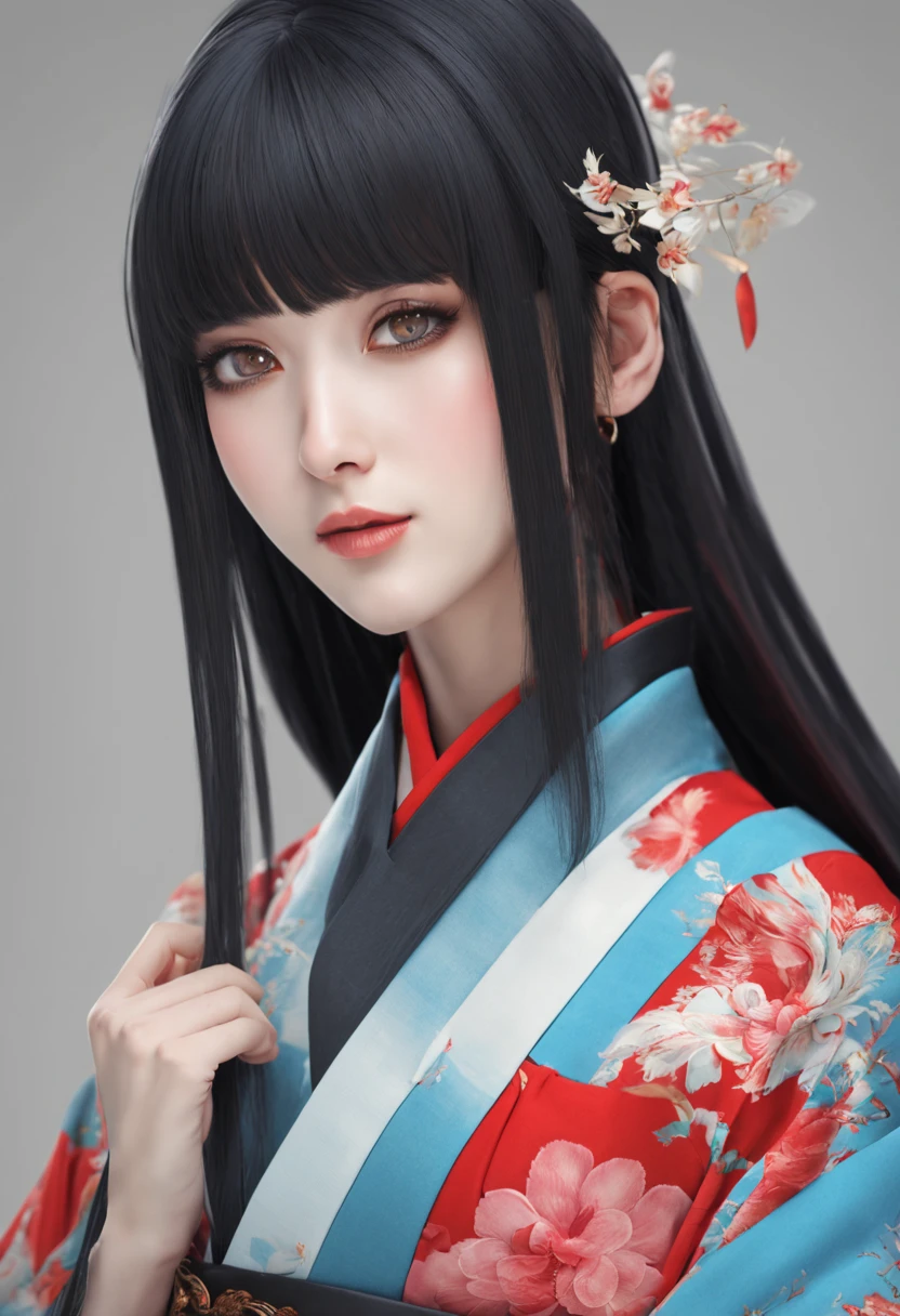 ((masterpiece)),a very beautiful woman,25 old Female Android ,long black supple hair,semi long hair,best qualtiy, Photorealsitic,Very good style, She is wearing a sleeveless, turtleneck,kimono,Red Hakama,Mechanical Doll,large, clean light blue eyes,upper dody,upper body:2