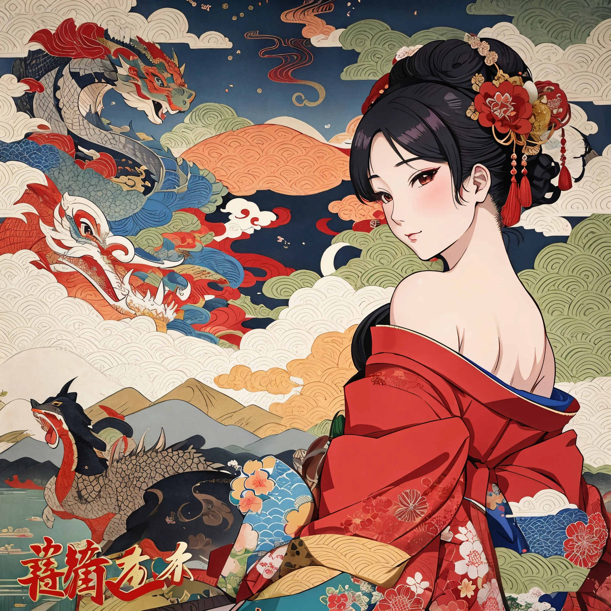 un gros plan d&#39;une femme vêtue d&#39;une robe kimono avec un dragon, dans le style artistique de l&#39;ukiyo - e, de la période Sengoku, très longtemps,art officielwork, Style artistique japonais, par Kanō Tan&#39;yū, art officiel, Artstyle hiraku tanaka, affiche animée, style artistique satoshi kon, affiche d&#39;inspiration japonaise,4k,plus de détails