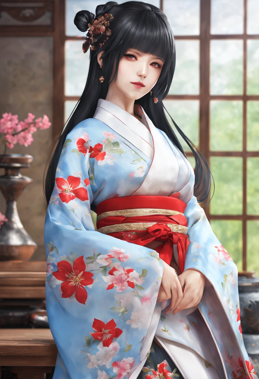 ((masterpiece)),a very beautiful woman,25 old Female Android ,long black supple hair,semi long hair,best qualtiy, Photorealsitic,Very good style, She is wearing a sleeveless, turtleneck,kimono,Red Hakama,Mechanical Doll,large, clean light blue eyes,upper dody,upper body:2