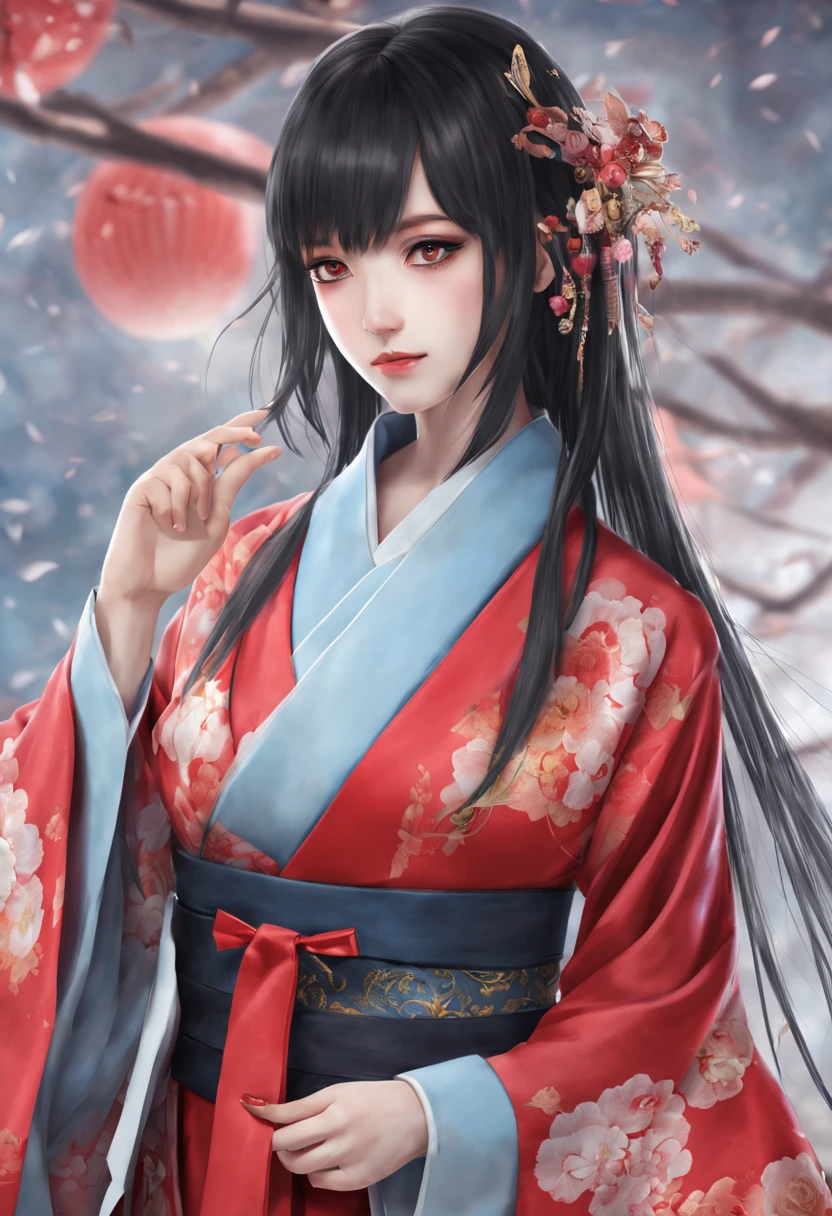 ((masterpiece)),a very beautiful woman,25 old Female Android ,long black supple hair,semi long hair,best qualtiy, Photorealsitic,Very good style, She is wearing a sleeveless, turtleneck,kimono,Red Hakama,Mechanical Doll,large, clean light blue eyes,upper dody,upper body:2