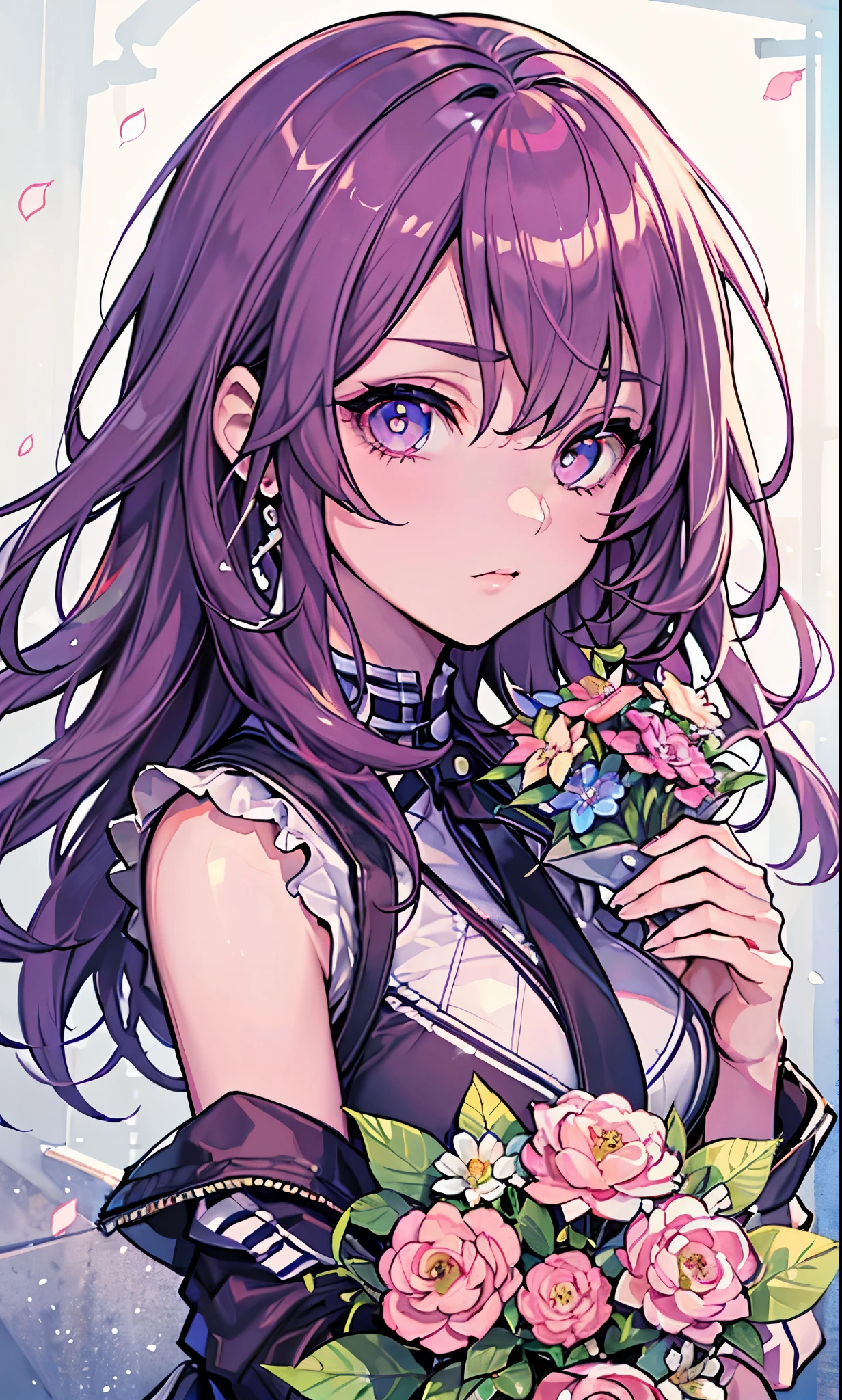 highest quality, clear and well-groomed face, Clear, bright and shining eyes, long eyelashes, punk girl, earrings, Holding a bouquet of colorful flowers,