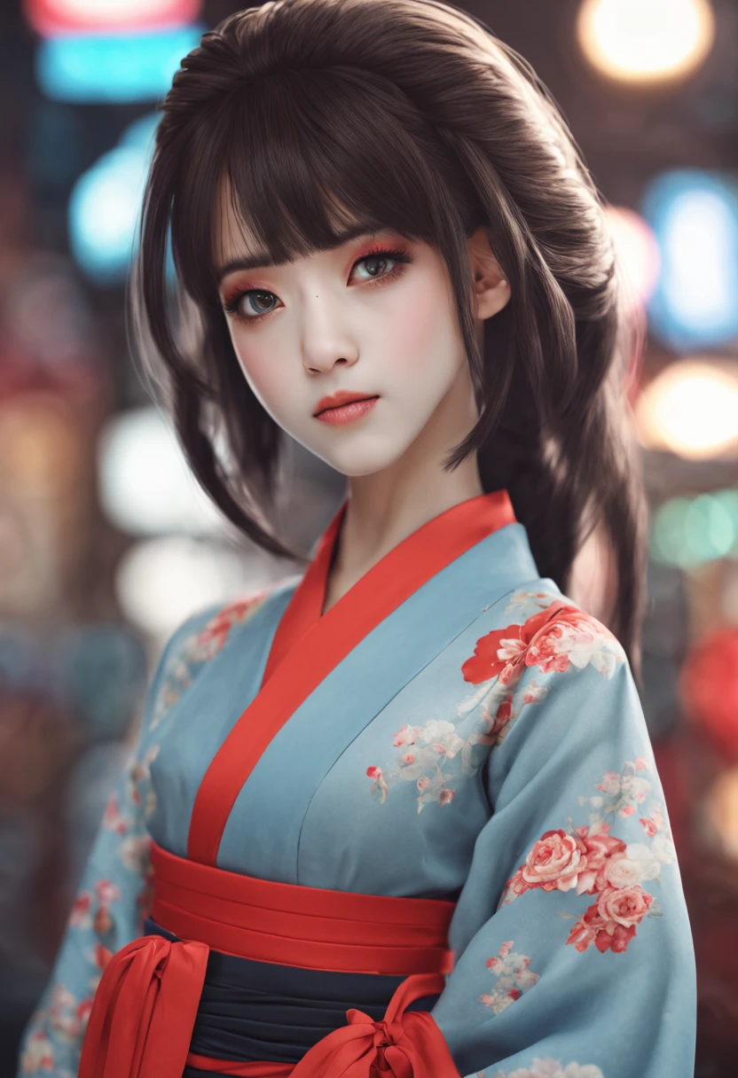 ((qualidade e caráter realista, ilustração realista super foto,alta resolução, ultla detalhado)),uma mulher japonesa muito bonita,kawaii,25 anos, mulher, Android ,cabelo longo, preto e macio,cabelo semi-longo,melhor qualidade, Fotorrealístico,Muito bom estilo, Ela está usando um sem mangas, gola alta,quimono,vermelho também,Boneca mecânica,grande, Limpe os olhos azuis claros,dody superior,tronco:2