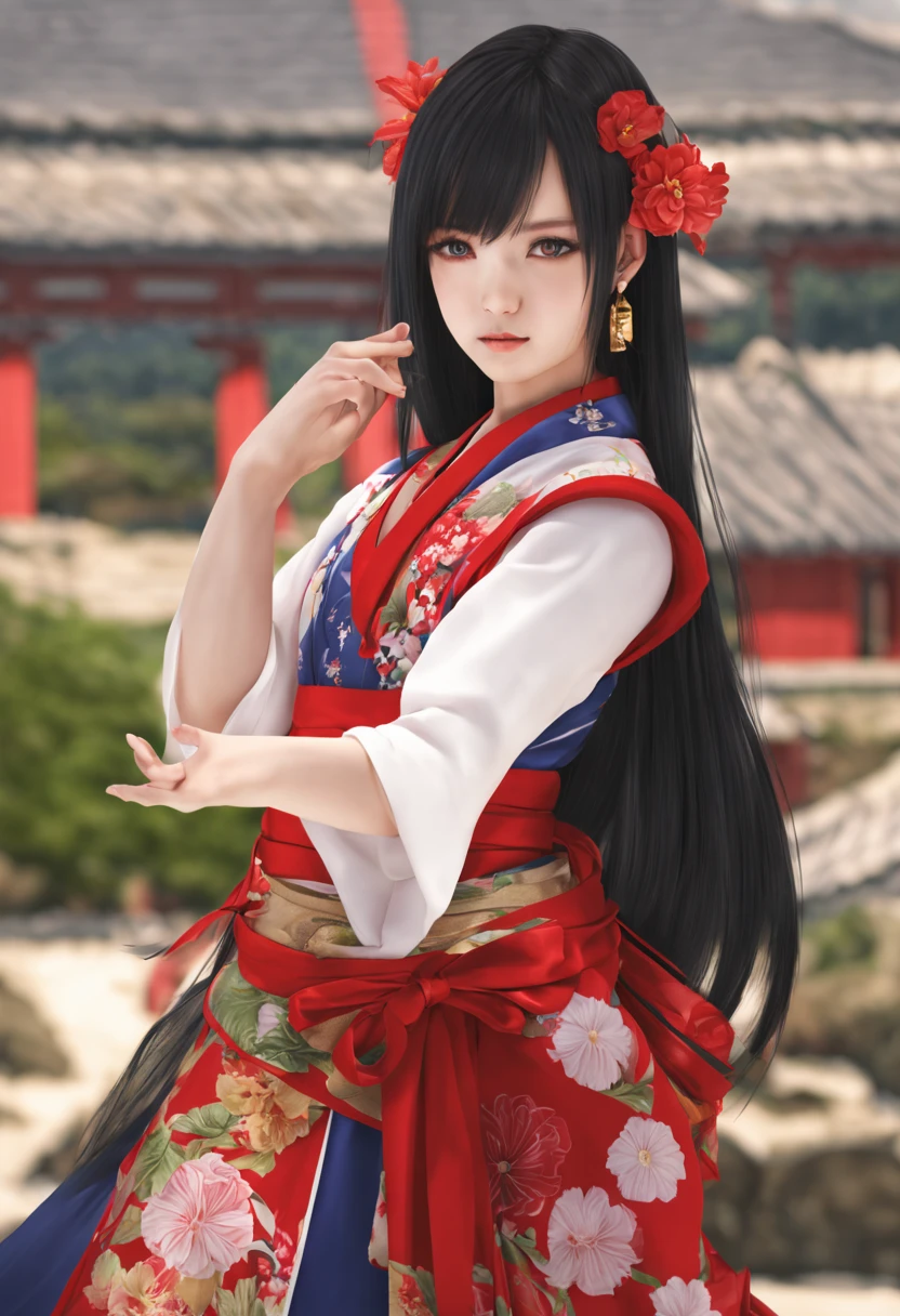 ((quality and character realistic, super photo realistic illustration,highres, ultla detailed)),a very beautiful japan woman,kawaii,25 old Female Android ,long black supple hair,semi long hair,best qualtiy, Photorealsitic,Very good style, She is wearing a sleeveless, turtleneck,kimono,Red Hakama,Mechanical Doll,large, clean light blue eyes,portlate:2