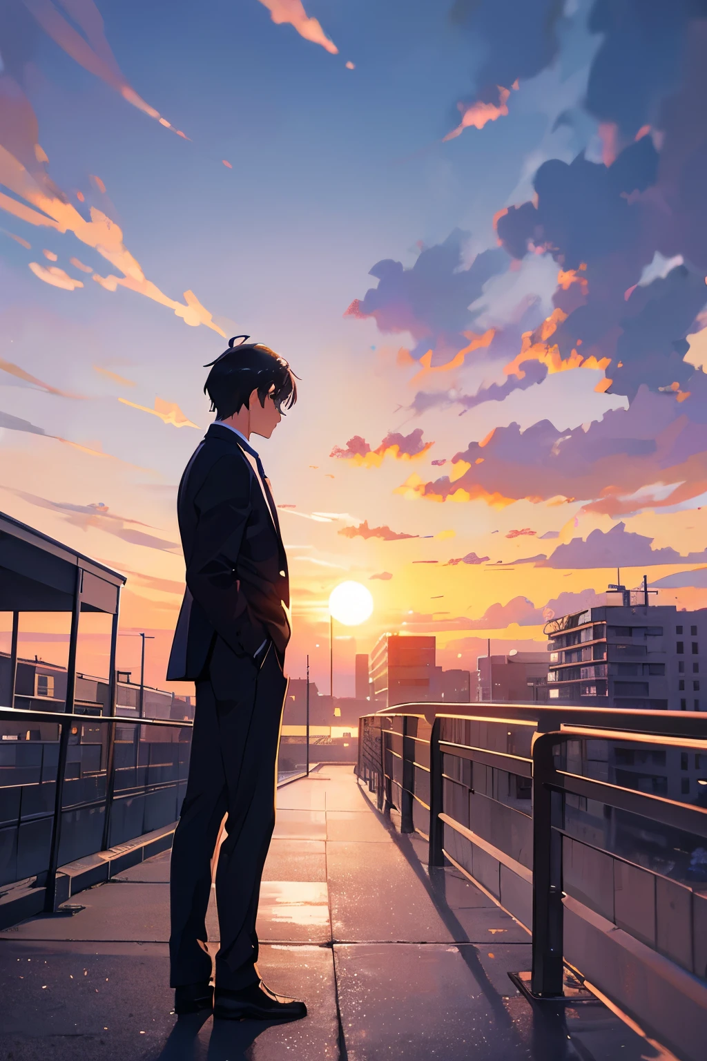 Create exquisite illustrations reminiscent of Makoto Shinkai's style, It has ultra-fine details and top-notch quality.  Nostalgic sunset against the backdrop、Illustration of the silhouette of a male office worker walking with his jacket fluttering in the wind. Resolute stance, Coupled with the warm hues of the sunset, Evoke nostalgia and determination. This scene is、It captures the essence of a quiet and powerful moment, It symbolizes the strength of embracing both the past and the future.