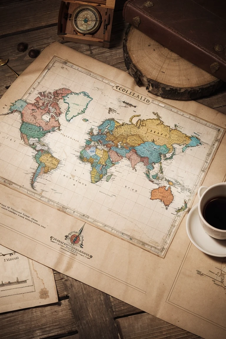 A world map and sea route map drawn on old parchment, with a compass drawn in the right corner.