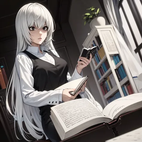 8k, mouthpiece, ((one beautiful woman)),((death note drawing)), near solo, ((one beautiful woman)), ((black eyes)), white hair, ...