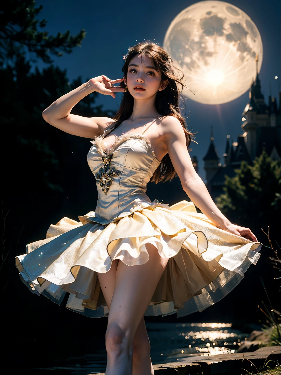 fantasy, high quality, 8K, realistic,photo realistic,RAW photo,photography,High resolution, ultra-definition, highest quality,Dramatic lighting, glitter effect, from below, midnight, moonlight, ballet、Swan Lake、Lake in the deep forest、I can see the castle in the distance、full body、((huge werewolf muscular beast)) from disney beauty and the beast, ,break, A prima donna girl gracefully dances ballet in the moonlight on a mysterious lake.、Large Throw、、1 girl、((luxurious and delicate white tutu)),semi-long hair,black hair,black eyes、beautiful feet、Ballet Pointe Shoes, Peeking from below、Straddling the camera、