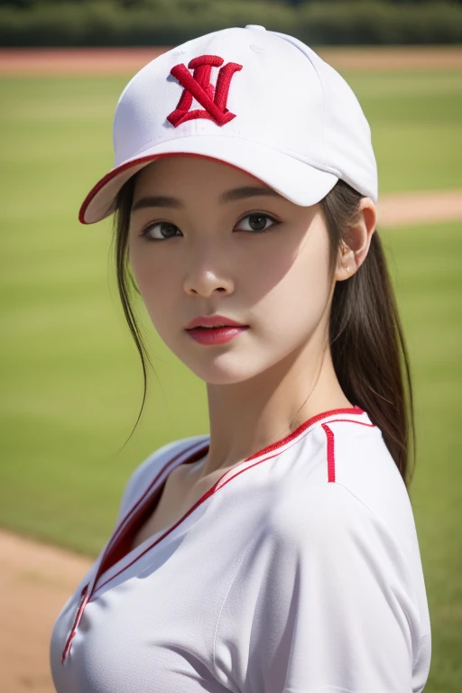 One girl、top-quality、​masterpiece、超A high resolution、(Photorealsitic:1.4)、There is a woman wearing a baseball cap、wearing a white and light redpolo shirt、baseball field