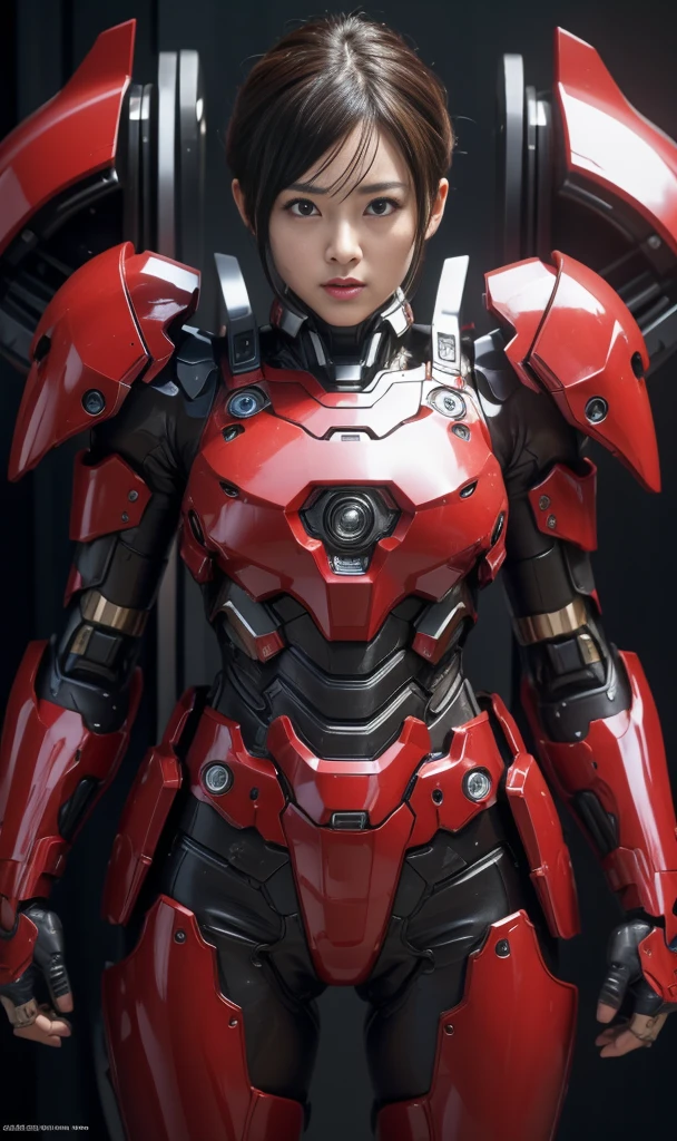 middle-aged women　rough skin, Super detailed, advanced details, high quality, 最high quality, High resolution, 1080P, hard disk, beautiful,(War Machine),beautifulサイボーグの女性,red and black mecha cyborg woman,battle mode,Woman with a mecha body(armor is red 7、black 3 ratio),彼女は未来的なWar Machine兵器メカを身に着けています、very short hair、brown eyes、Sweaty face、　open your mouth　sexy eyes　steam from head　((Steam from the head)) (Steam from all over the body) 