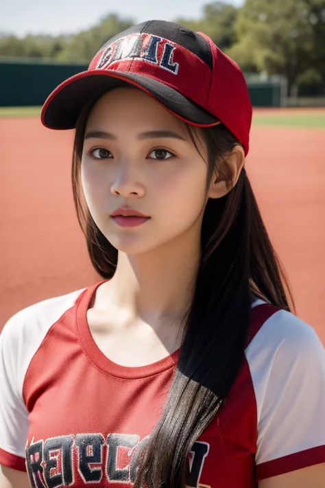 one girl、top-quality、​masterpiece、超a high resolution、(photorealsitic:1.4)、there is a woman wearing a baseball cap、wearing a red ...