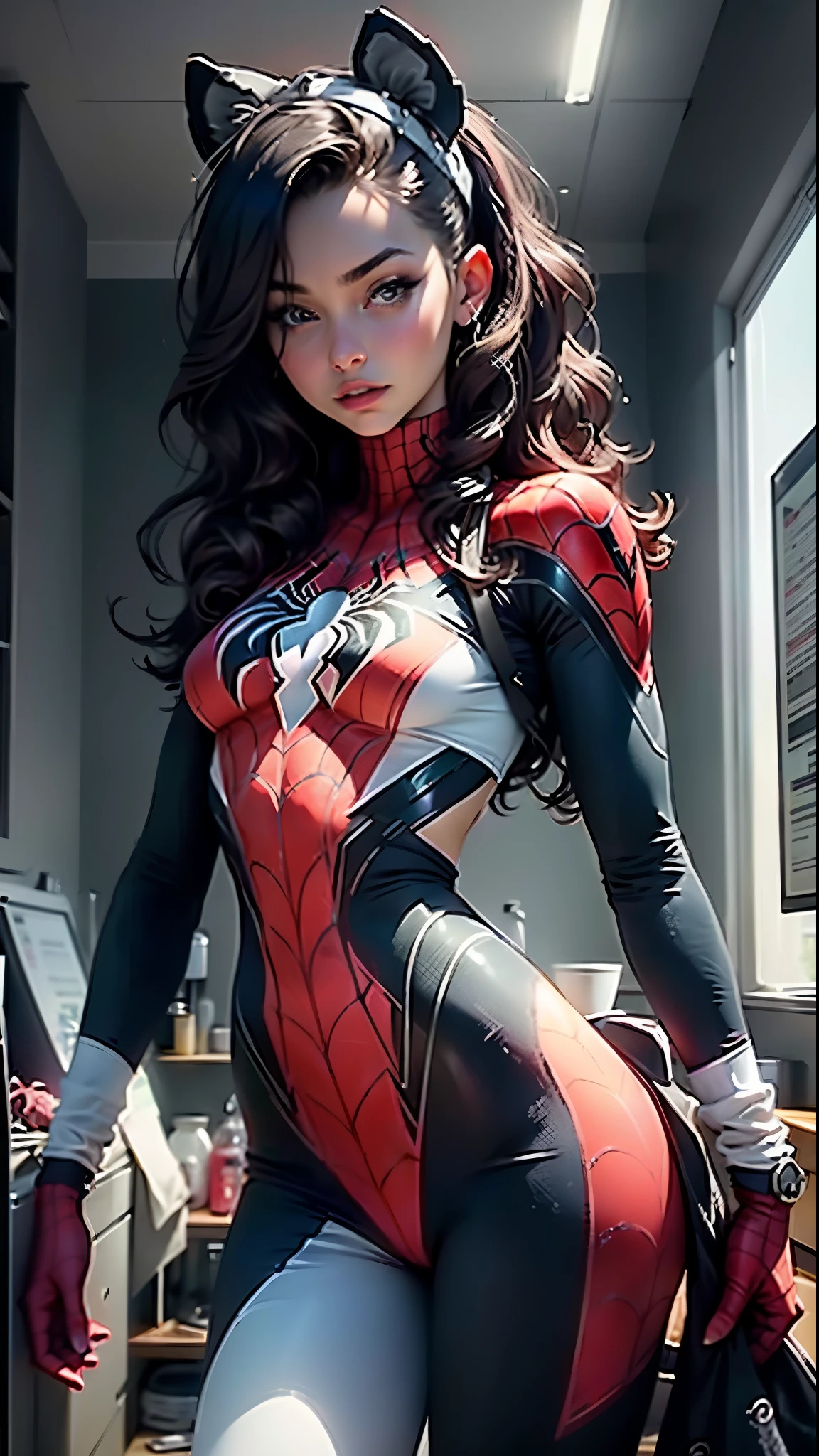 Schöne Frau detailliert definierten Körper mit Spider-Man-Cosplay, kleine Brüste