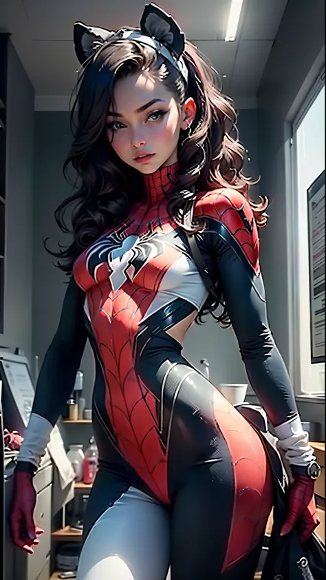 Beautiful woman detailed defined body using spider man cosplay, small breasts