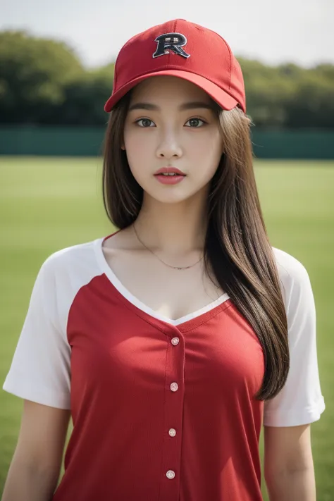 one girl、top-quality、​masterpiece、超a high resolution、(photorealsitic:1.4)、there is a woman wearing a baseball cap、wearing a red ...