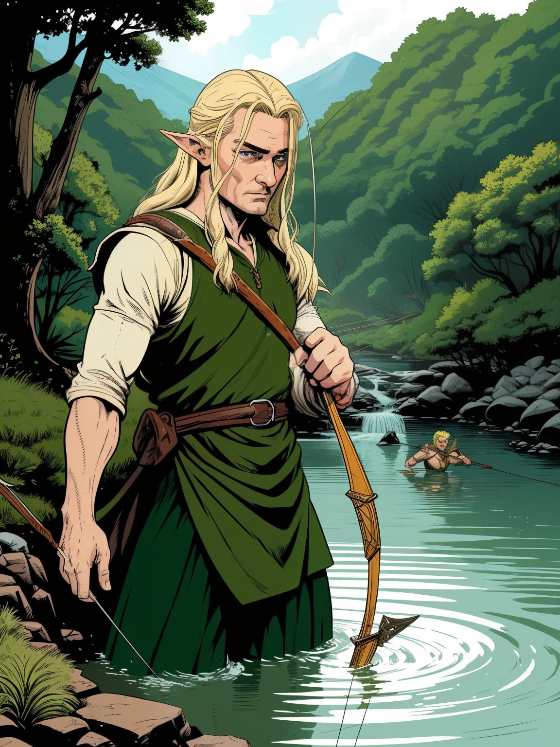 (((COMIC STYLE, CARTOON ART))). Legolas Half immersed in RIVER ON FOREST,  blonde elf warrior guy (((archery))), in full medieval elfic combat costume. Full growth in the frame. higly detailed. Legolas Lord of the rings character, (((Orlando Bloom face))) . 