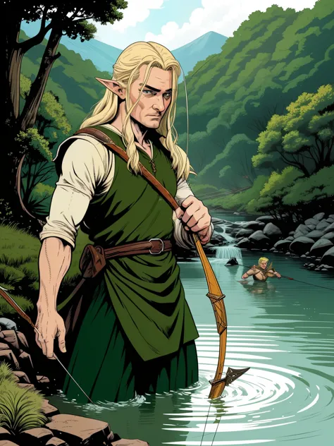 (((COMIC STYLE, CARTOON ART))). Legolas Half immersed in RIVER ON FOREST,  blonde elf warrior guy (((archery))), in full medieva...