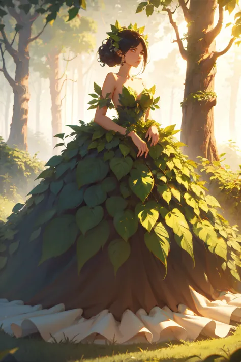 masterpiece, nature, forest, wrenchleafloom, 1 woman, gown, highly detailed vray render, flash, high quality, 18k,