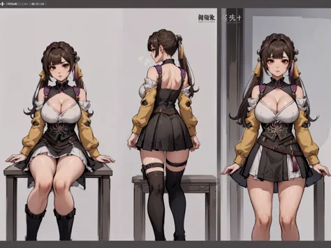 girl, solo, full body, from head to toe, sitting on the chair, (Huge_Breasts:1.3), 

1woman, reference sheet, matching outfit, (fantasy character design, front, back, sides, left, right, up, down,

sushang, dress, twin tail hair, twin tail, brown hair, cle...