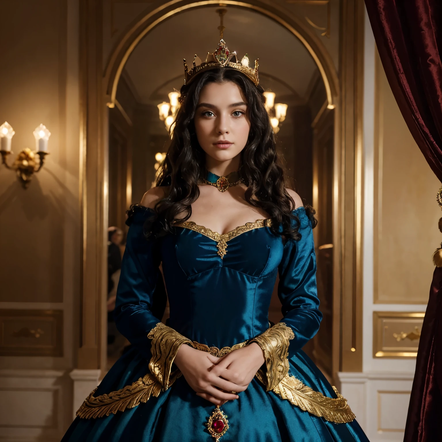 Eine 20-jährige Prinzessin mittleren Alters trägt eine goldene Krone mit Smaragden und Rubinen. schwarzes lockiges Haar, blaue Augen. In rote und blaue reiche Kleidung gekleidet. Halber Körper