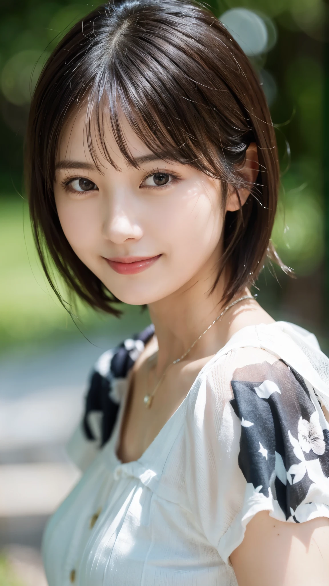 (highest quality,masterpiece:1.3,ultra high resolution),(Super detailed,caustics,8k),(photorealistic:1.4,RAW shooting),Japanese,28 years old,cute,Smiling and looking at the camera,black hair,short hair,duck mouth,natural makeup,big ,white blouse,bust up shot,warm light,Natural light,professional writing