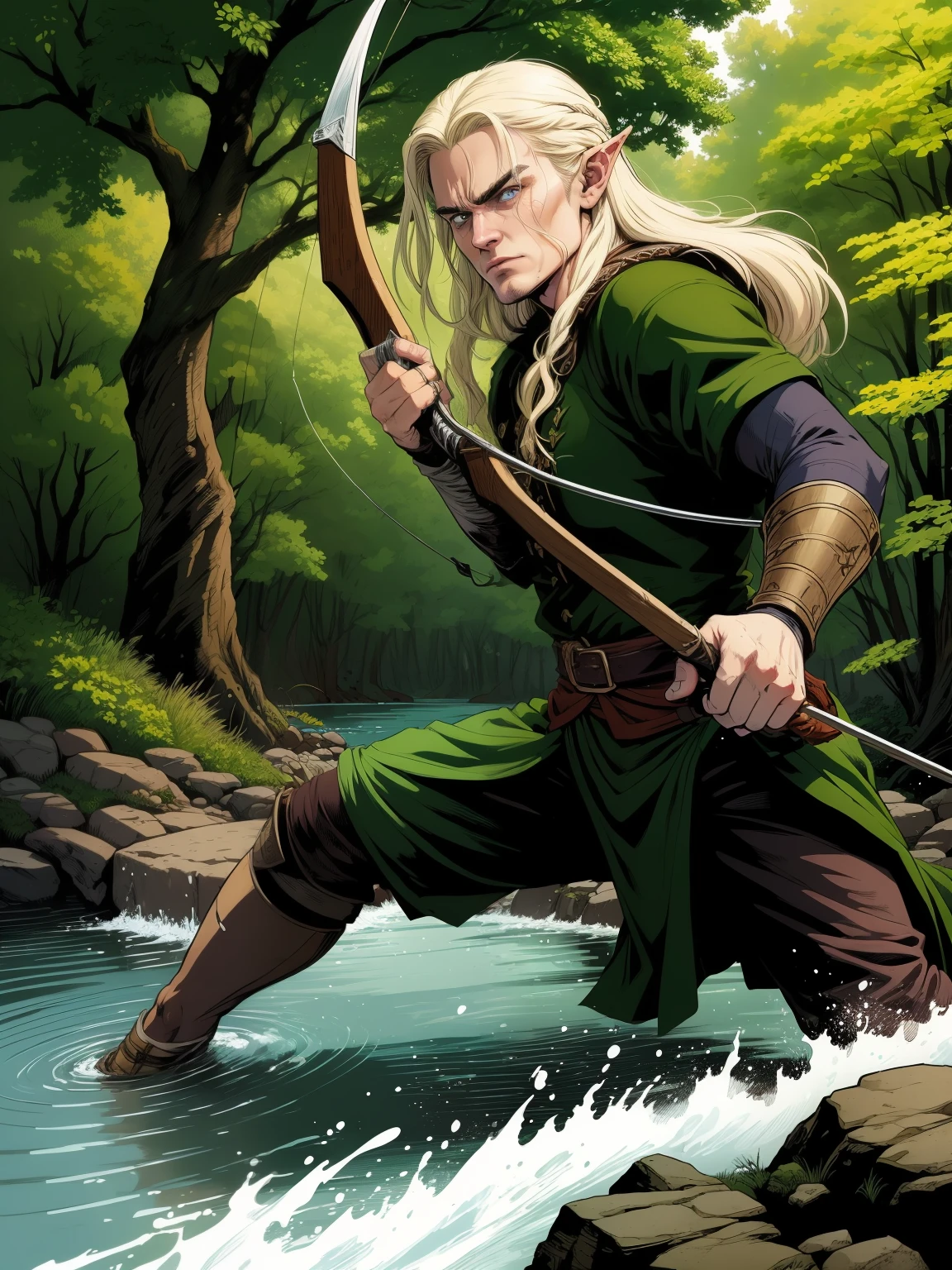 (((COMIC STYLE, CARTOON ART))). Legolas in dynamic combat pose. Half immersed in RIVER ON FOREST,  blonde elf warrior guy (((archery))), in full medieval elfic combat costume. Full growth in the frame. higly detailed. Legolas Lord of the rings character, (((Orlando Bloom face))), angry face . 