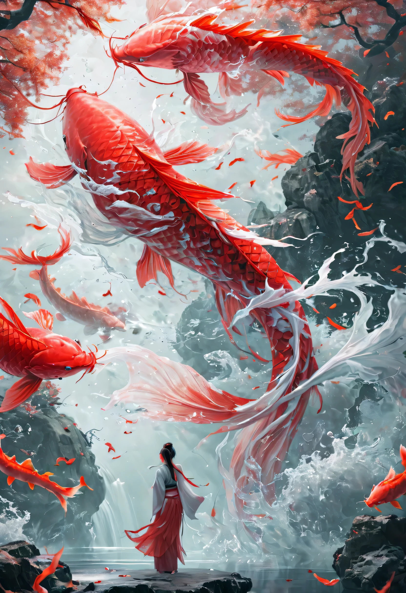 new chinese art style, Painting of a huge red koi fish in the sky, 1 girl standing in the lake against koi fish, detailed, highly-detailed, ultra high resolution, 8K resolution, best quality, masterpiece, 