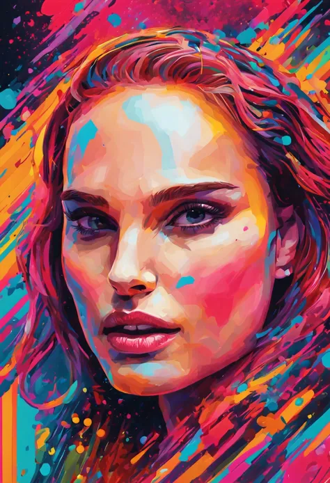 a painting of Natalie Portman with bright hair and bright makeup, vibrant neon inks painting, vibrant digital painting, vibrant ...
