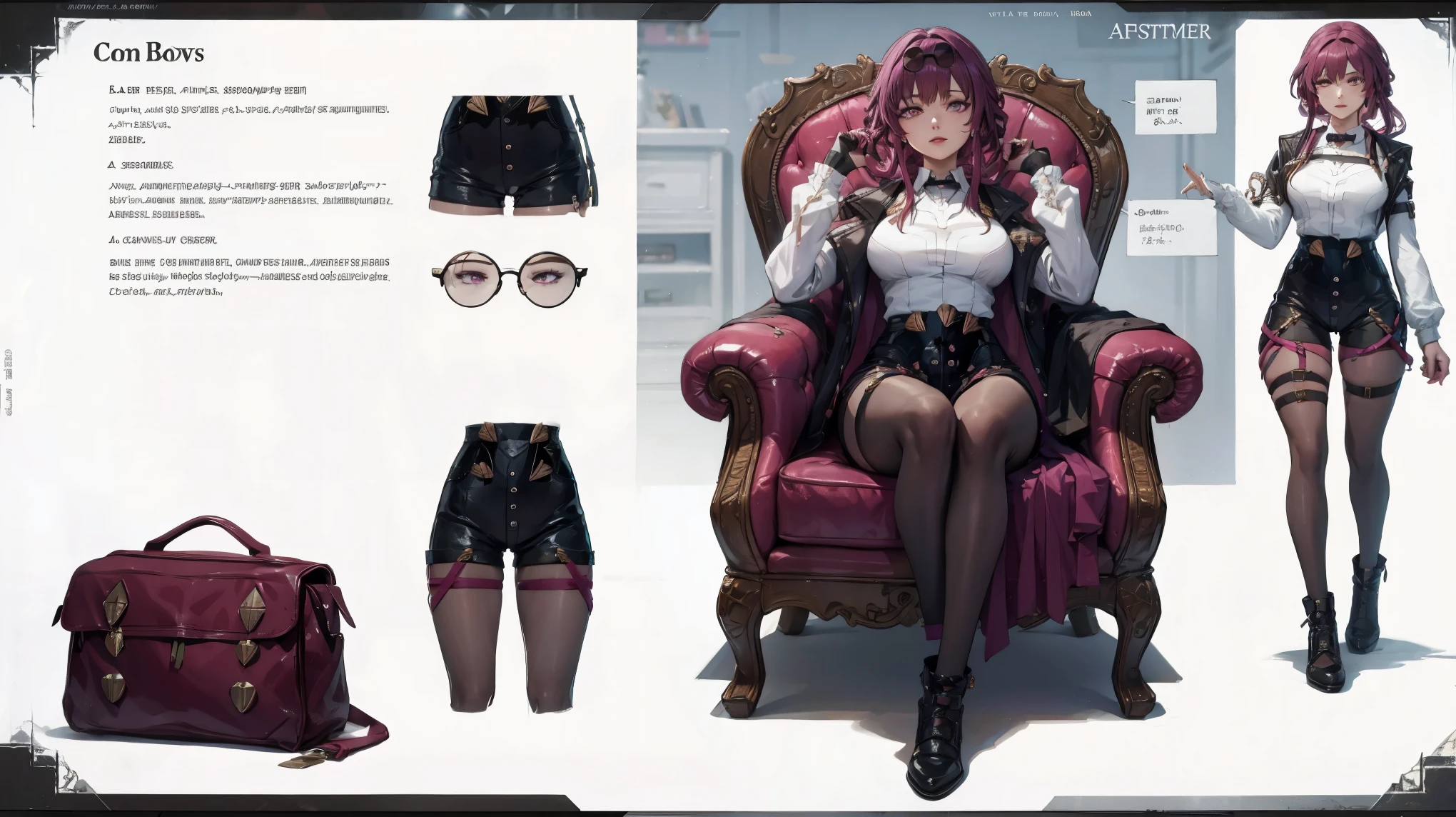 girl, solo, full body, from head to toe, sitting on the chair, crossed legs,(Huge_Breasts:1.3), 

1woman, reference sheet, Character Design Sheet, character reference sheet, character turn around, character sheet, front, back, sides, left, right, up, down, under,

kafkerdef, earrings, eyewear on head, sunglasses, white shirt, black jacket, long sleeves, purple gloves, shorts, pantyhose, thigh strap, black footwear