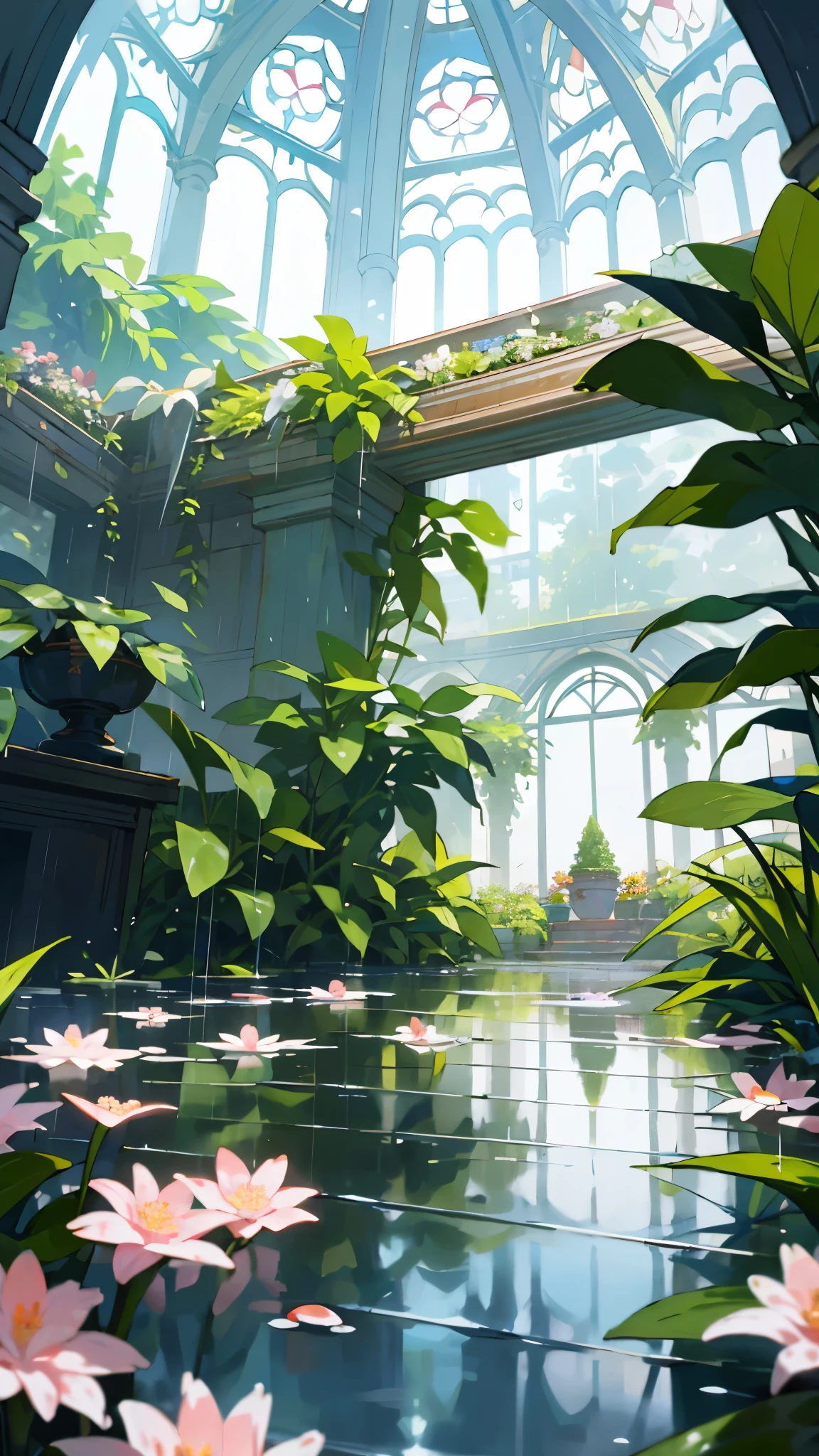 (top quality, masterpiece, ultra-realistic), rainy day, raining, wet ground, puddle, indoor botanical garden, dome, lots of flowers, dense mass plants, the background landscape is a garden with petals and puffs flying around. --v6