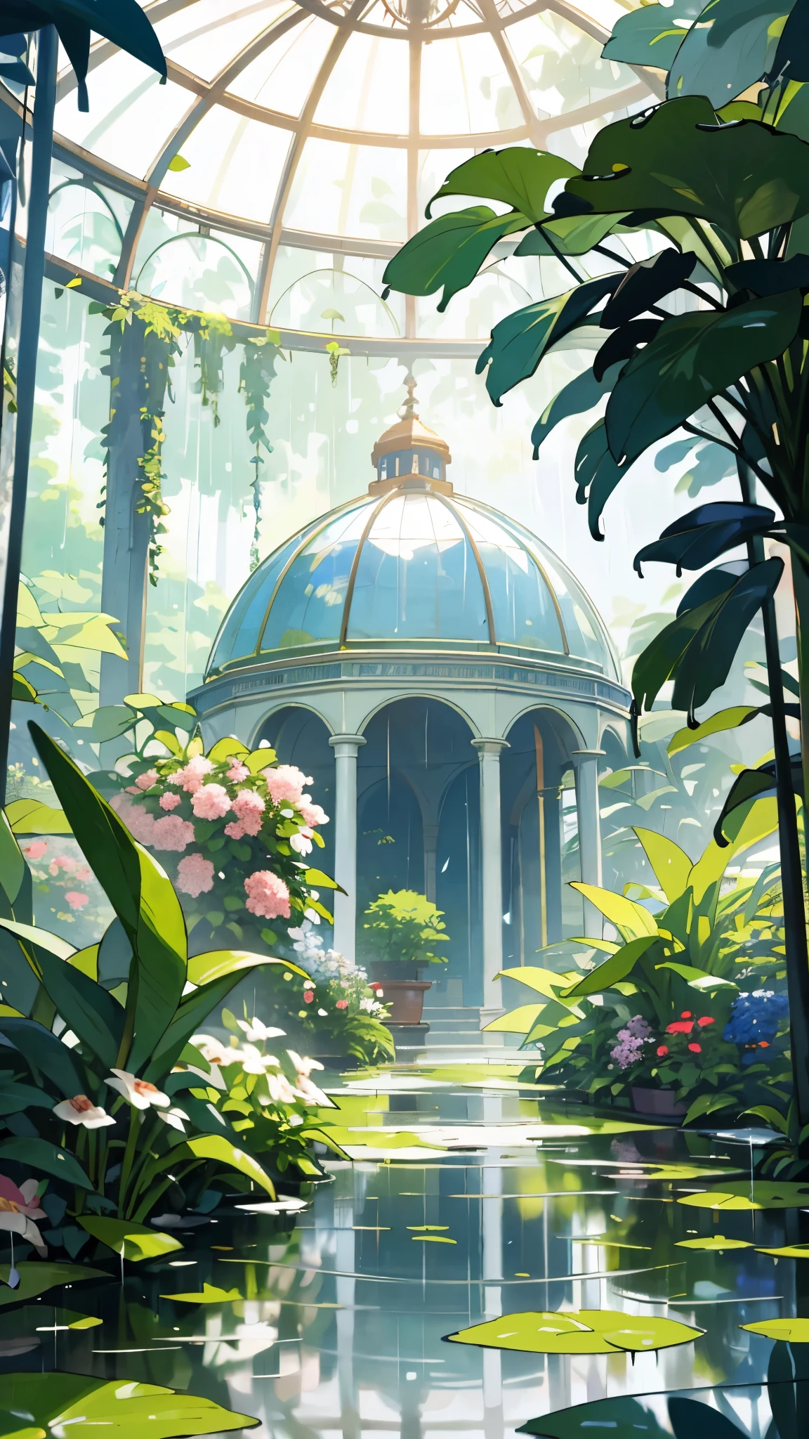(top quality, masterpiece, ultra-realistic), rainy day, raining, wet ground, puddle, indoor botanical garden, dome, lots of flowers, dense mass plants, the background landscape is a garden with petals and puffs flying around. --v6