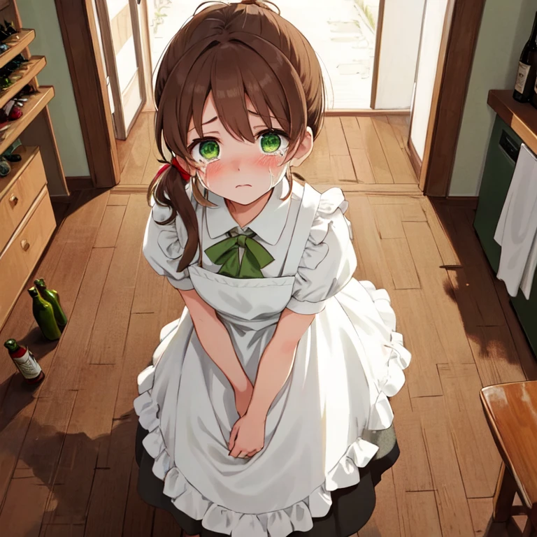 1girl, solo, super fine illustration, an extremely delicate and beautiful, best quality, brown hair, low ponytail, long hair, green eyes, looking up, sad, crying, white apron, stained, wine, beer, bottle, kitchen, floor, collapsed, warm colors, bright, dark, sad, dramatic, perspective from above, bust up.