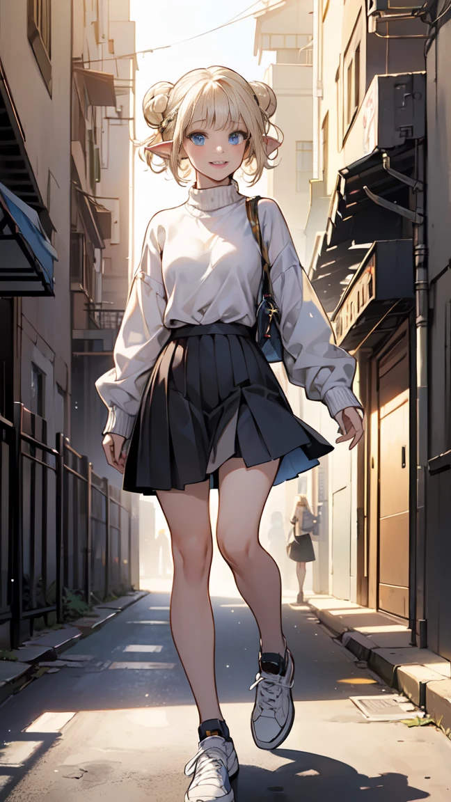 (1 elf girl), (beauty elf girl), (super high quality), masterpiece, casual scene, relaxed atmosphere, She is wearing a trendy tech wear outfit, ((stylish sweaters and skirts)), With comfortable sneakers, The sun&#39;s rays give off warm colors, Street atmosphere, urban envrionment. perfect body, (G cup:1.2), light smile, Fresh, (asymmetrical bangs:1.3), braid bun hair, short hair, highly detailed face and eyes, beautiful eyes,closed mouth, perfect lips, (white blonde hair, deep blue eyes:1.2),cyber punk, SF, digital art, beautiful, cinematic lighting, by Yusuke Murata.