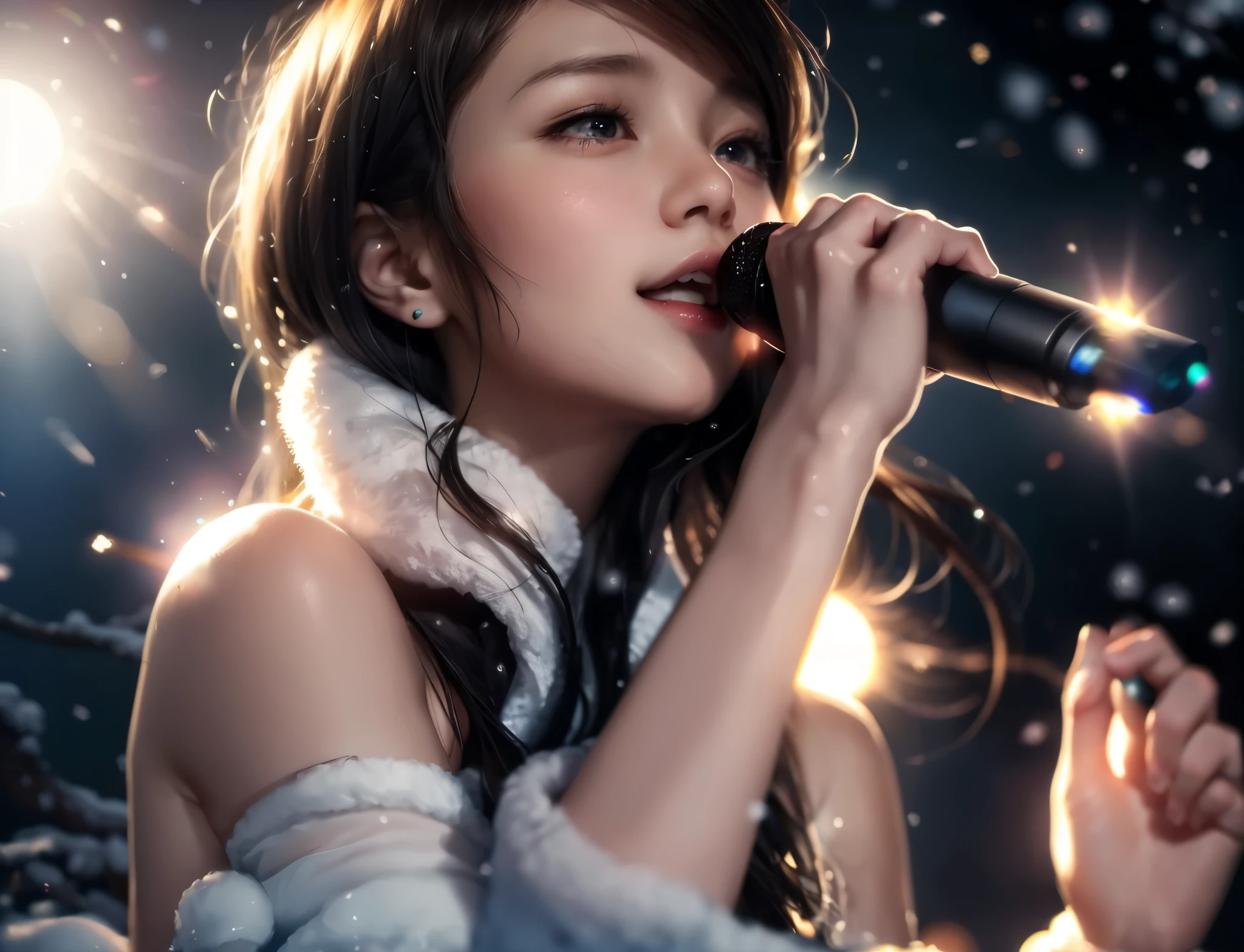 (table top), sexy、Natural light, realistic diffused glow, Depth of written boundary, professional lighting、shine a spotlight on a person、Big eyes、eyes are blue、blonde、Russian、it&#39;s snowing、in the snow、microphone on right hand、snow scene、