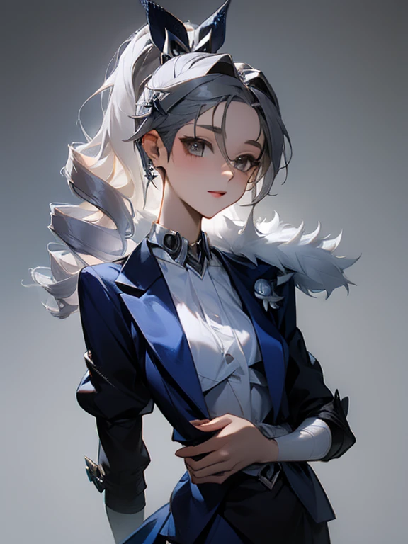 Silver wolf in a formal blue dress