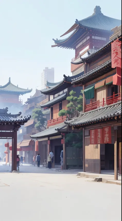 There is a photo of a building with many windows, Chinese street scene，Dream China Town, Beautiful rendering of the Tang Dynasty...