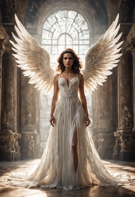  Baroque sci - fi full body elegant white angel airy translucent dress epic atmosphere chiseled background 8k desaturated colors...