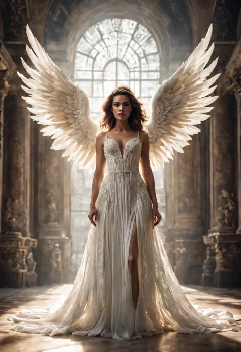 baroque sci - fi full body elegant white angel airy translucent dress epic atmosphere chiseled background 8k desaturated colors ...