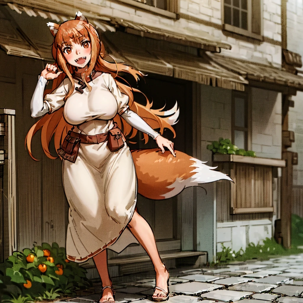 (holo:1.5), (holoBrownDress:1.5), masterpiece, best quality, absurdres, 1girl, looking at viewer, standing, cowboy shot, outdoors, medieval, cobblestone street, town, pouch, sash, smile, fruit, apple, basket,big breast, curvy, silver hair, white hair, full body, flipflops,open mouth smile, fangs,