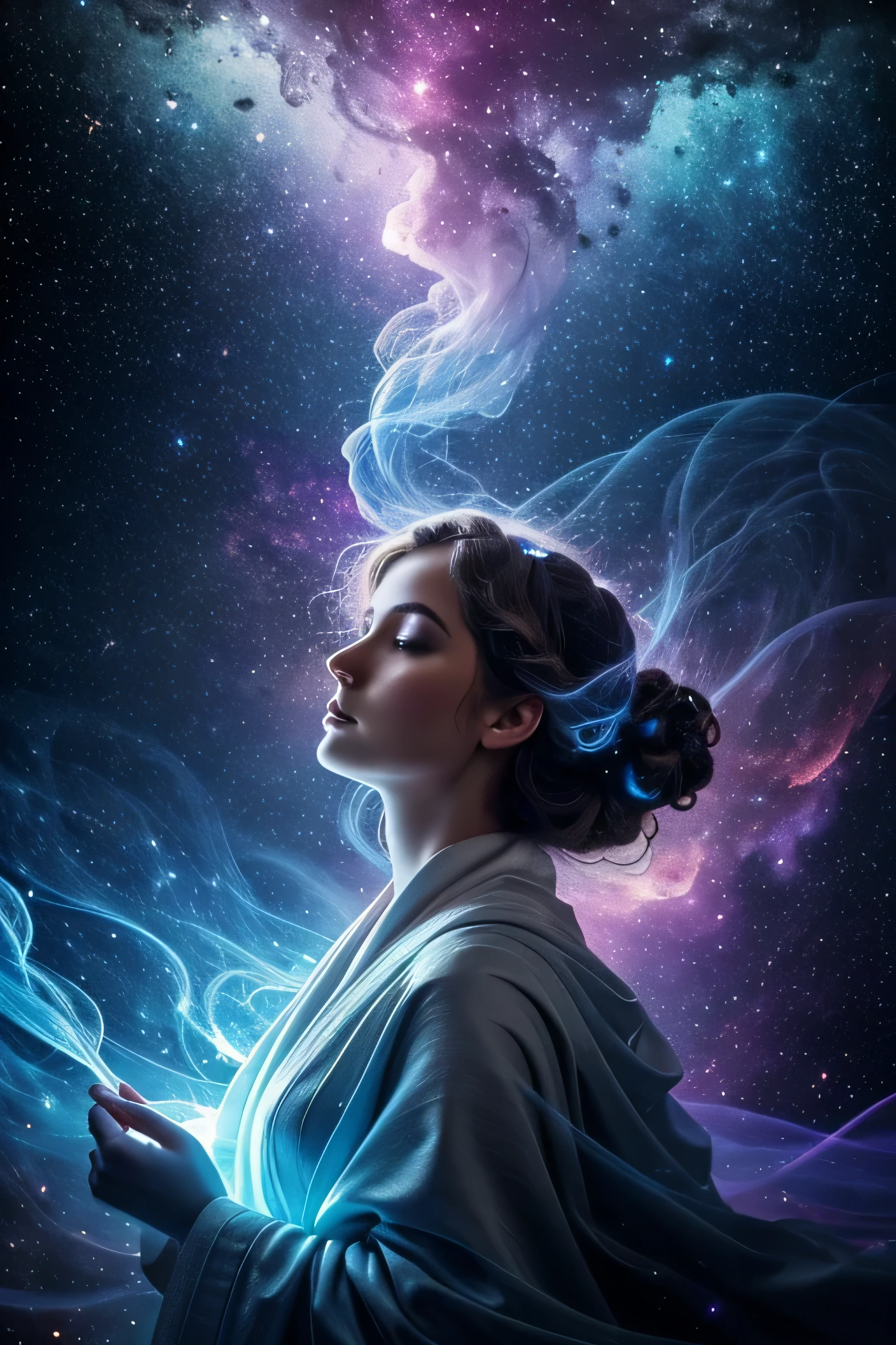 Digital painting by MSchiffer of a female Goddess, her physical body is transforming into smoke, wearing elegant robes as clothing that flows in the air in a waving way, perfectly detailed delicate face, soft features, the environment is the heart of a heavenly forest with trees and vines made out of nebulas and stars, in a classical style, celestial and cosmic, bold colors, soft billowing smoke, glowy cosmic flowers, billowing, cinematic lights, fantasy art, surreal, high contrast, HDR+, bokeh effect, cosmic, cosmos, nebula