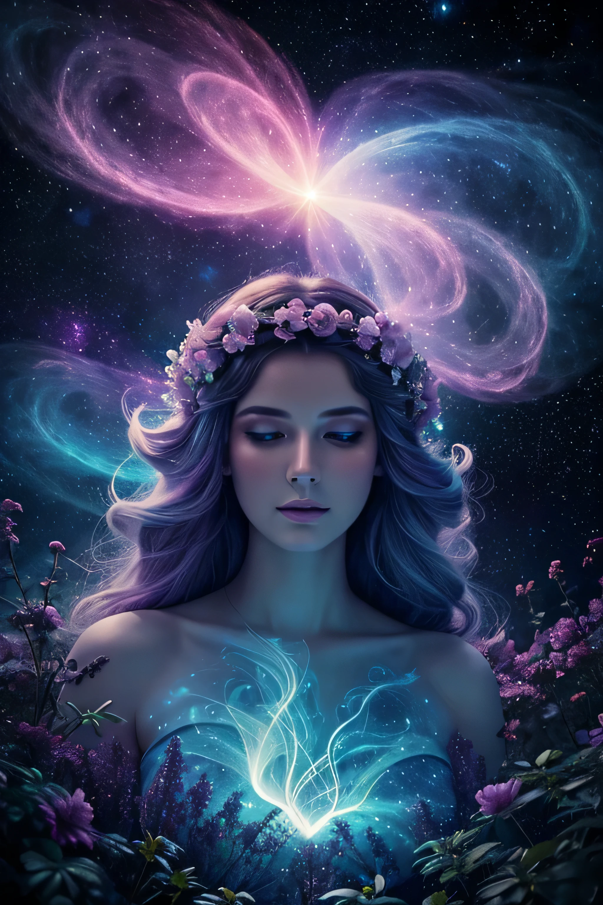 Digital painting by MSchiffer of a female Goddess, her physical body is transforming into smoke, wearing elegant robes as clothing that flows in the air in a waving way, perfectly detailed delicate face, soft features, the environment is the heart of a heavenly forest with trees and vines made out of nebulas and stars, in a classical style, celestial and cosmic, bold colors, soft billowing smoke, glowy cosmic flowers, billowing, cinematic lights, fantasy art, surreal, high contrast, HDR+, bokeh effect, cosmic, cosmos, nebula