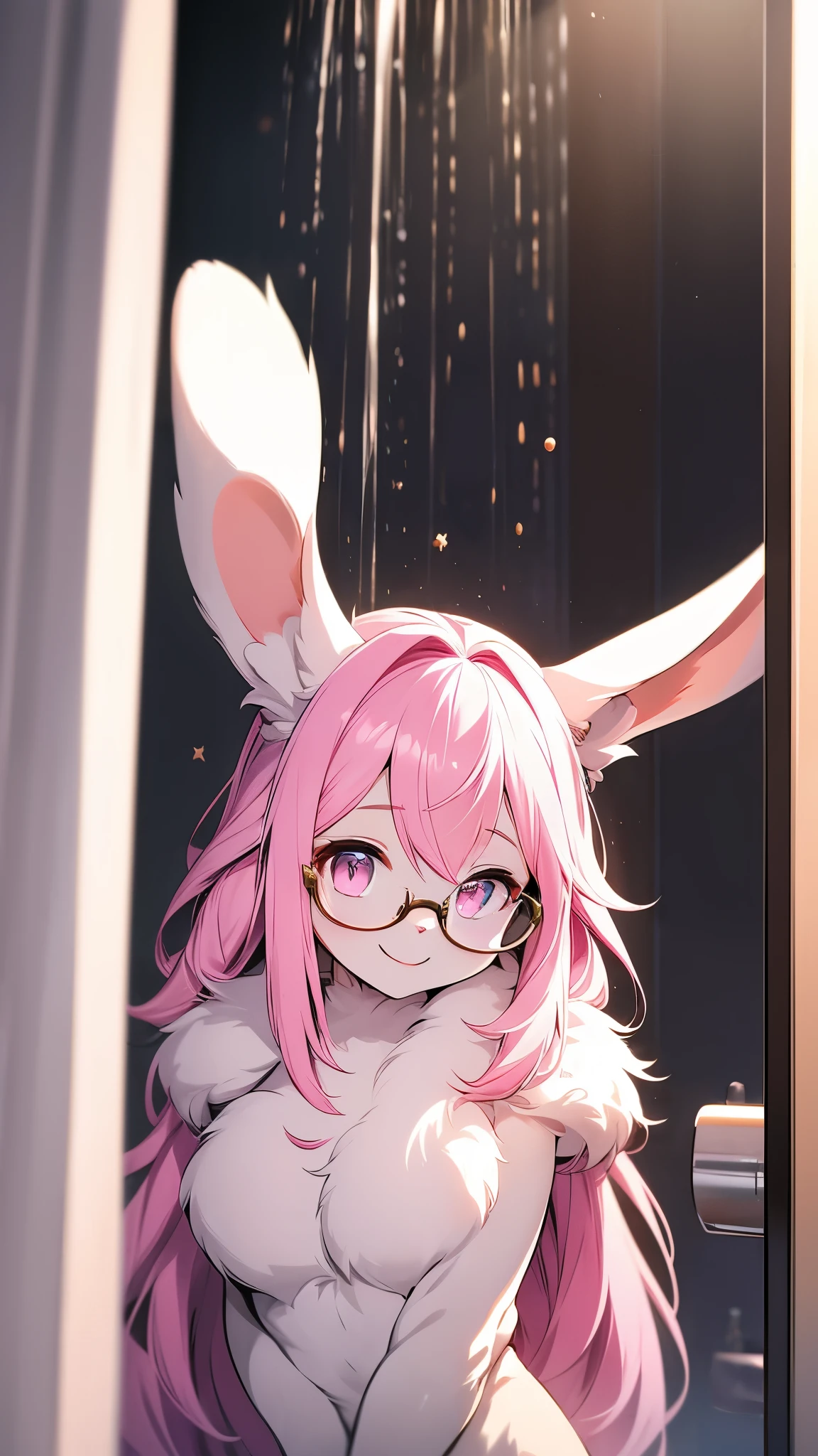 Anime girl with pink hair and glasses standing in front of a shower -  SeaArt AI