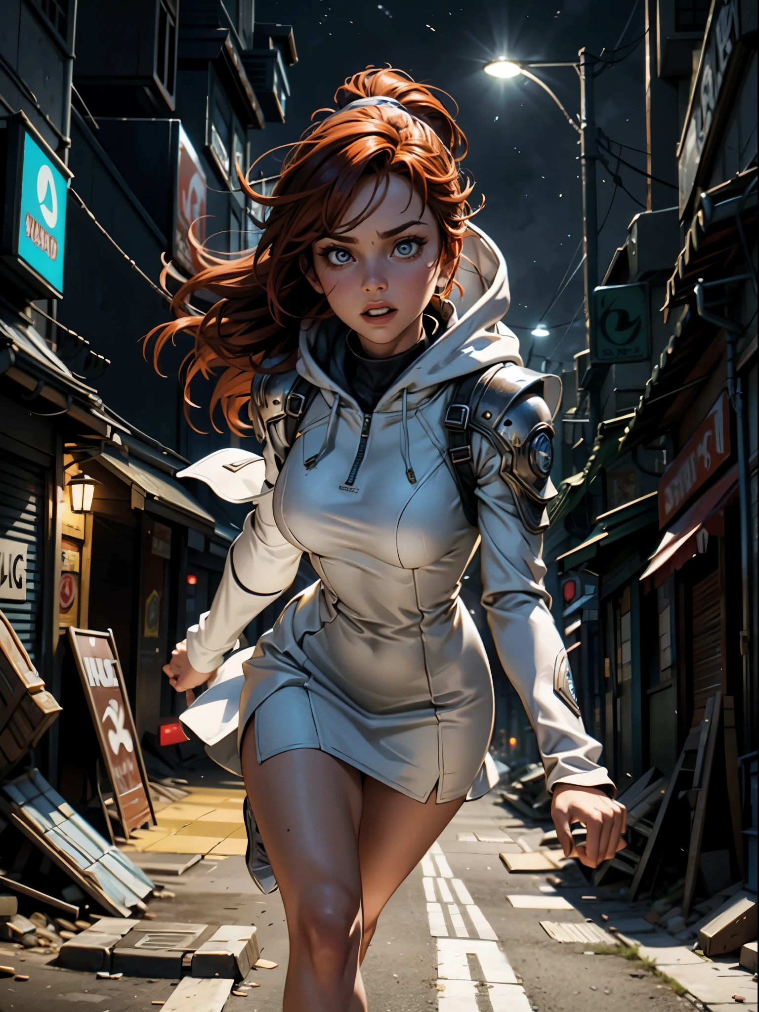 Close up image of 2 subjects, 1girl with auburn colored hair, wearing long sleeve white dress with hood, (running towards camera), (woman looks scared), frightened, running for her life, running away from man wearing armor, getting grabbed by man, down a dirty city alley, futuristic city at (night:1.4), blue and yellow neon signs, chase scene, action scene, thick outlines, comic book style, dynamic camera angle, realistic skin, realistic hands, perfect hands, action lines, motion blur background