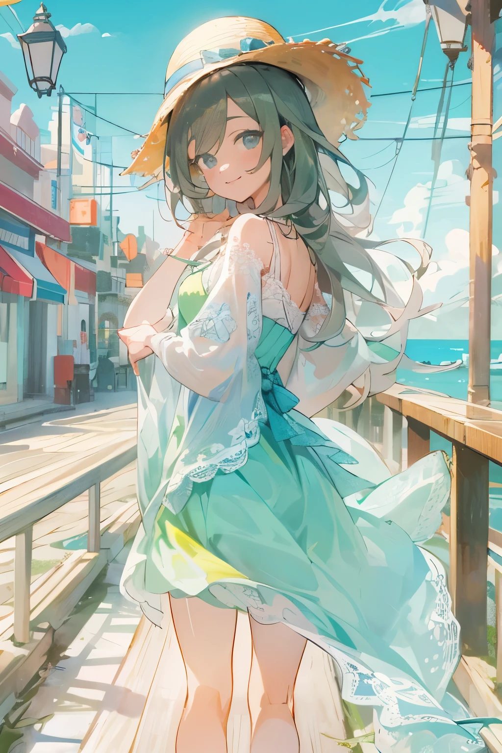 (Obra maestra:1.2, de la máxima calidad), (Muy detallado:1.3), Perfecta ilustración anime de una chica de 17 años con un vestido largo., sombrero con ala, tiro de bragas, viento, vientoが強いアップスカート, (bragas de encaje azul claro con detalles), Abajo, desde atrás, todo el cuerpo, en la costa, ciudad mediterránea, madera, sonrisa, verano, cálido, Brillante,